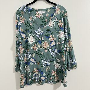 Chicos Jersey Tee Size 2 / US L Green Floral Bohemian 3/4 Sleeve Stretch Top
